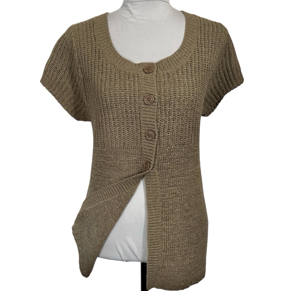 NEW August Silk Short Sleeve Chunky Knit Cardigan Top Size XL Y2K Neutral Boho